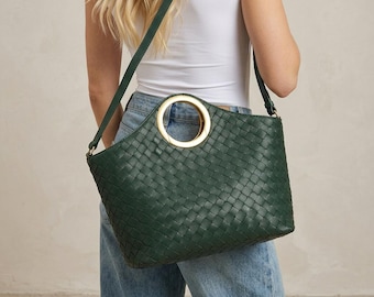 Large Woven Genuine Leather Crossbody Shoulder Handbag Various Colours