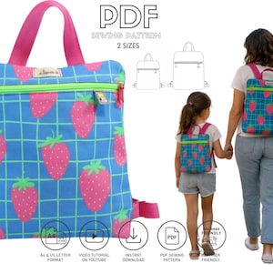 Puede incluir: Un patrón de costura en PDF para una mochila cuadrada de tela azul con una cuadrícula verde y estampado de fresas rosas. La bolsa tiene correas de color rosa brillante y una cremallera verde neón. Incluye texto de PDF, patrón y 2 tamaños.