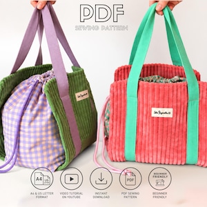 Patron de couture PDF pour sac cabas en velours côtelé | Patron de sac à cordon | Patron de sac à faire soi-même | Formats A4 et Lettre US | Tutoriel vidéo | Téléchargement instantané