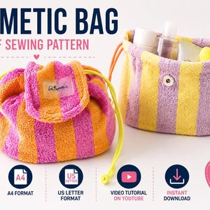 Terry Cloth Cosmetic Bag Pattern PDF | Drawstring Toiletry Bag Sewing Pattern | Video Tutorial Included | Beginner | Instant Download