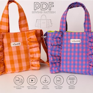 Może przedstawiać: Dwie torby typu tote z falbankami po bokach i wzorami w kratkę gingham w kolorze pomarańczowym i fioletowym. Tekst PDF SEWING PATTERN znajduje się na środku powyżej, wraz z ikonami A4 US LETTER FORMAT, VIDEO TUTORIAL ON YOUTUBE, INSTANT DOWNLOAD, PDF SEWING PATTERN i BEGINNER FRIENDLY.