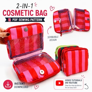 Puede incluir: Un neceser a rayas rojas y rosas con un panel frontal transparente. La bolsa está abierta, revelando el interior. El texto "2-IN-1 COSMETIC BAG" y "PDF SEWING PATTERN" son visibles. El diseño es separable.