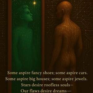 May include: Digital artwork titled "CLAY AND CODE" featuring two figures, one green and one bronze, with circuit-like patterns. The image includes text with a poem and the author's name, Kareem Andrew Alfred.