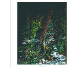 Op de afbeelding: Een kleurrijke illustratie van een bos scène met een beek die er doorheen stroomt. De bomen zijn groen en bruin, en de beek is blauw. De tekst "Serenity" en "Psalm 34" staat onderaan de afbeelding.