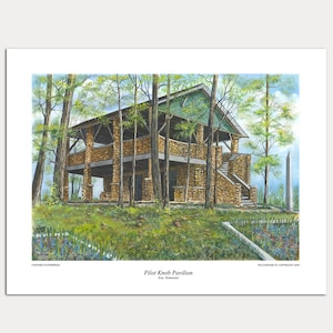 May include: A watercolor painting of a stone pavilion with a green roof. The pavilion is surrounded by trees and has a stone staircase leading up to it. The text "Pilot Knob Pavilion,  Etowah, Tennessee" is printed below the image.