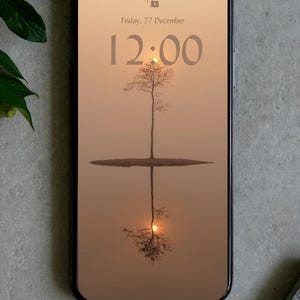 Puede incluir: Smartphone negro mostrando un fondo de pantalla sereno: un árbol reflejado en el agua, con un sol poniente. Se lee "Friday, 27 December 12:00". Fondo gris y hojas verdes.
