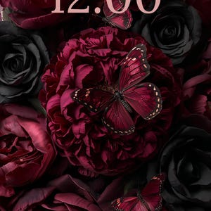 May include: A digital display featuring a dark floral arrangement of deep burgundy peonies and black roses. Three butterflies with dark red wings are positioned among the flowers. The screen displays the text Friday, 27 December and 12:00.