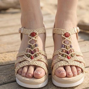 Bohemian Woven Wedge Sandals for Women Beaded Straw Platform Summer Shoes Ethnic Braided Ankle Strap Espadrilles Handmade Beach Vacation