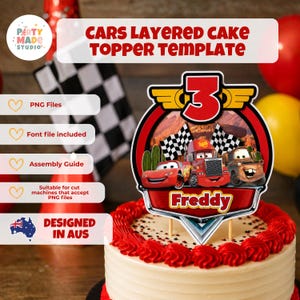 May include: A layered cake topper template featuring a red, yellow, and black design with the number 3, the name Freddy, and characters from the movie Cars. The topper includes checkered flags and is displayed on a round cake with red frosting.