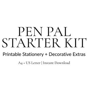 May include: A white background with the text "PEN PAL STARTER KIT" in black, surrounded by a floral border of watercolor flowers in shades of pink, purple, and blue. The text below reads "Printable Stationery + Decorative Extras" and "A4 + US Letter | Instant Download."