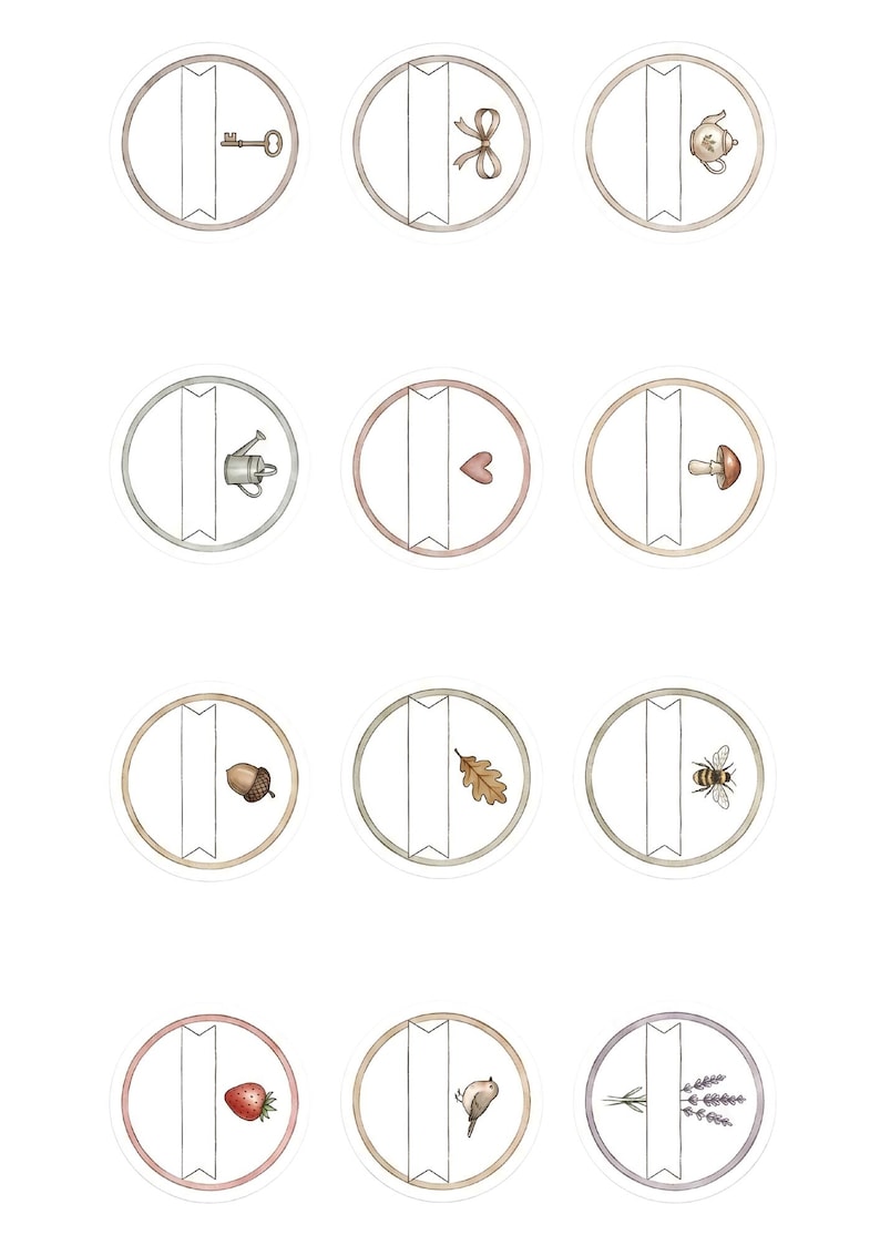 May include: A collection of twelve watercolor stickers, each featuring a circular design with a decorative border. The stickers showcase various nature-inspired illustrations, including a key, bow, teapot, watering can, heart, mushroom, acorn, leaf, bee, strawberry, bird, and lavender.