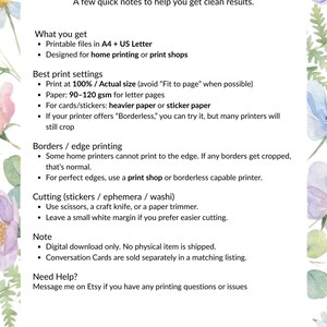 May include: A printable guide titled "PRINTING TIPS" with floral accents. The text provides instructions for printing files, including paper size, print settings, and cutting techniques. It also mentions digital downloads.