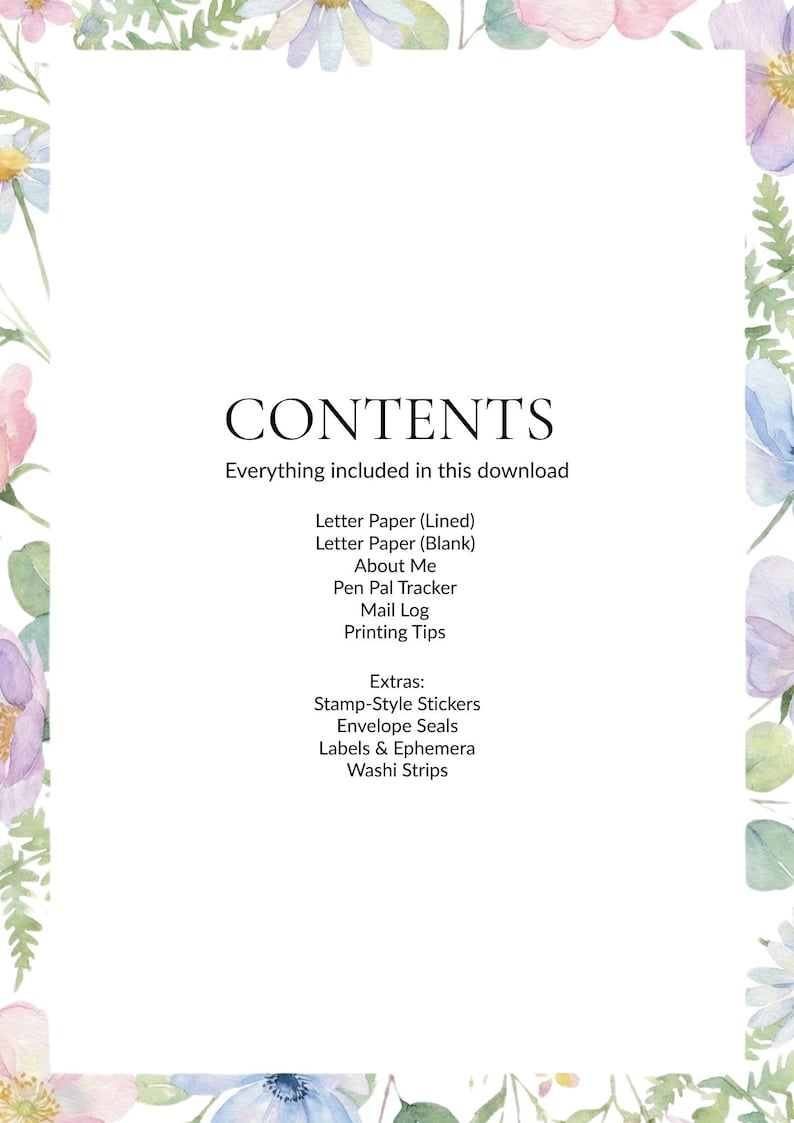 May include: A digital download contents page with a floral border. The text reads "CONTENTS" and lists included items: lined and blank letter paper, a pen pal tracker, mail log, and printing tips. Extras include stickers, envelope seals, labels, and washi strips.