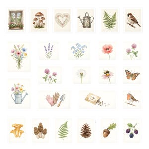 May include: A collection of watercolor illustrations featuring botanical and nature-themed images. Includes flowers, herbs, insects, birds, and garden tools. Each image is framed on a white background, creating a cohesive aesthetic.