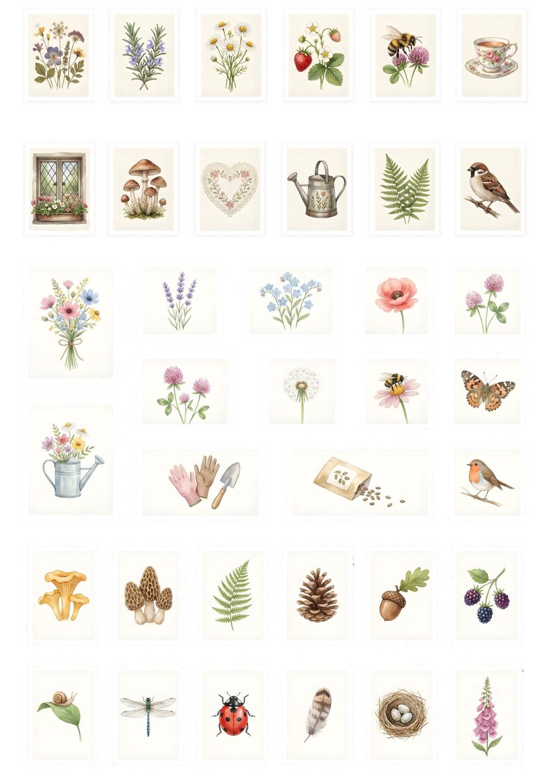 May include: A collection of watercolor illustrations featuring botanical and nature-themed images. Includes flowers, herbs, insects, birds, and garden tools. Each image is framed on a white background, creating a cohesive aesthetic.