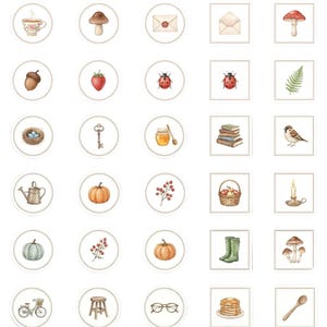 May include: A collection of watercolor illustrations featuring various nature-themed and everyday objects. The images include a bee, mushroom, acorn, strawberry, ladybug, bird, pumpkin, and more, all in a soft, muted color palette.