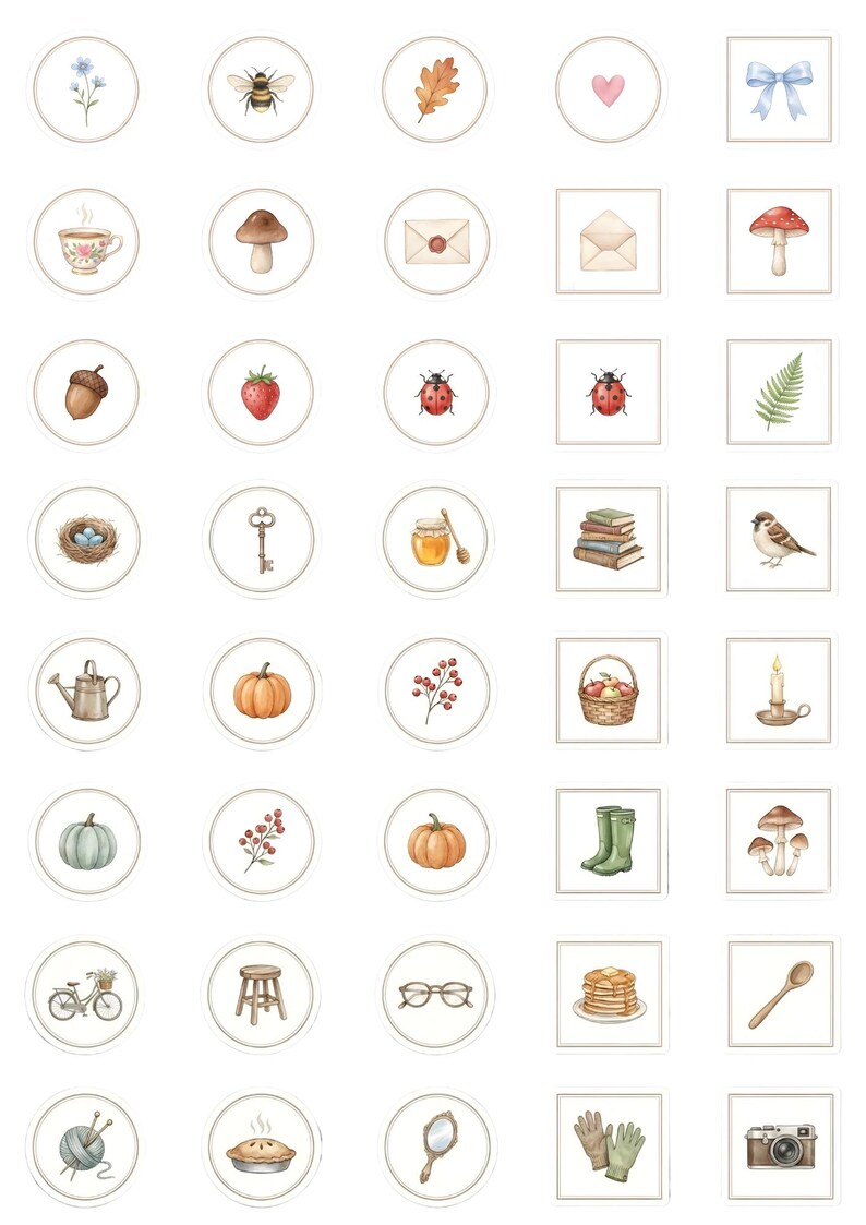 May include: A collection of watercolor illustrations featuring various nature-themed and everyday objects. The images include a bee, mushroom, acorn, strawberry, ladybug, bird, pumpkin, and more, all in a soft, muted color palette.