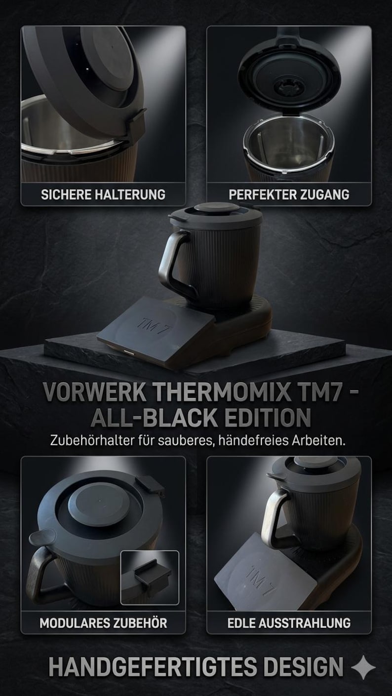 Pode incluir: Eletrodom&eacute;stico de cozinha preto Vorwerk Thermomix TM7 All-Black Edition com um design elegante e moderno. A imagem mostra as caracter&iacute;sticas do aparelho, incluindo um suporte seguro, acesso perfeito e acess&oacute;rios modulares. O texto diz "Vorwerk Thermomix TM7 - All-Black Edition".