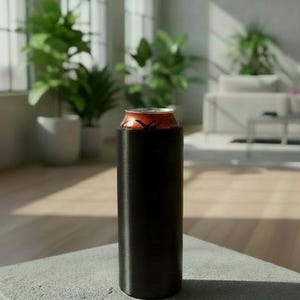 Könnte beinhalten: Ein schwarzer Getränkedosenkühler mit einer roten und silbernen Dose im Inneren. Der Kühler ist zylindrisch und steht auf einem grauen Betonblock. Der Hintergrund umfasst Pflanzen, Fenster und den Text "Made in Germany".