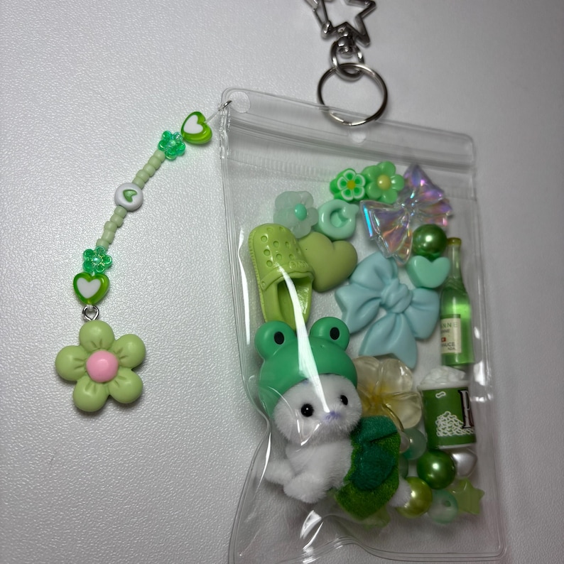 May include: A clear plastic bag filled with green and light blue charms, including a frog hat-wearing bunny, bows, hearts, and a miniature Croc shoe. A beaded charm with a flower and hearts hangs from a star-shaped keychain.