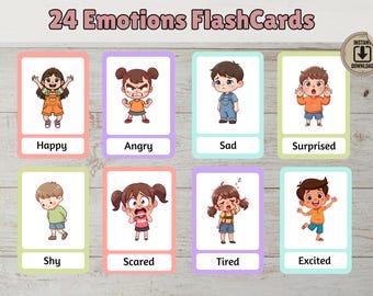24 Emotion Flashcards, Feelings Flash Cards, Printable Emotion Cards for Kids, Toddler Emotion Chart Cards, Montessori Back to School
