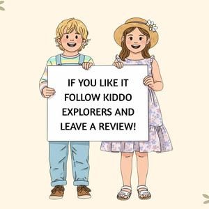 Pode incluir: Ilustra&ccedil;&atilde;o de duas crian&ccedil;as segurando uma placa com o texto "IF YOU LIKE IT FOLLOW KIDDO EXPLORERS AND LEAVE A REVIEW!". O menino usa macac&atilde;o, e a menina usa um vestido floral e um chap&eacute;u de palha. Acentos florais emolduram a imagem.