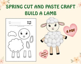 Lamb Cut & Paste Craft Printable, Spring Baby Farm Animals, Build a Sheep Coloring, Educational Easter Cotton Wool Model Making Art, PDF