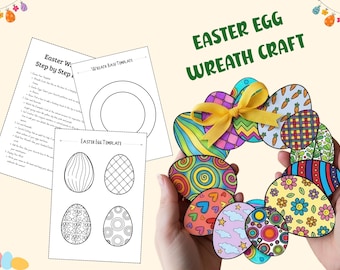 Easter Egg Wreath Craft Printable Easter Wreath Craft Activity for Kids Spring Coloring Cut and Paste Craft Preschool Kindergarten DIY Craft