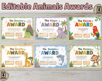 Editable Preschool End of Year Animal Awards, Kindergarten Classroom Awards, Last Day of School Award Ceremony, Printable Award Templates