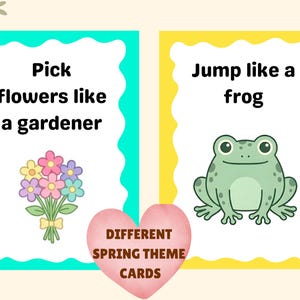 Pode incluir: Dois cart&otilde;es coloridos com atividades tem&aacute;ticas de primavera. Um cart&atilde;o diz "Colha flores como um jardineiro" com uma ilustra&ccedil;&atilde;o de buqu&ecirc;. O outro cart&atilde;o diz "Pule como um sapo" com uma ilustra&ccedil;&atilde;o de sapo. Um cora&ccedil;&atilde;o rosa diz "Diferentes cart&otilde;es tem&aacute;ticos de primavera".