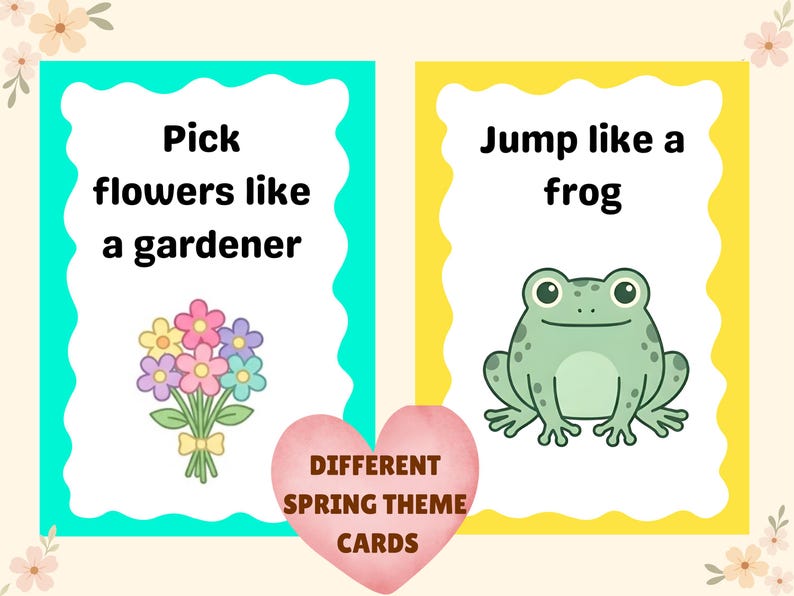 Pode incluir: Dois cart&otilde;es coloridos com atividades tem&aacute;ticas de primavera. Um cart&atilde;o diz "Colha flores como um jardineiro" com uma ilustra&ccedil;&atilde;o de buqu&ecirc;. O outro cart&atilde;o diz "Pule como um sapo" com uma ilustra&ccedil;&atilde;o de sapo. Um cora&ccedil;&atilde;o rosa diz "Diferentes cart&otilde;es tem&aacute;ticos de primavera".