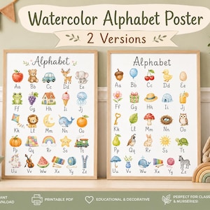 May include: Two educational posters titled Watercolor Alphabet Poster 2 Versions, featuring letters A through Z paired with colorful watercolor illustrations of animals, objects, and nature elements, all framed in light wood on a neutral background.
