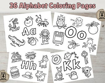 Preschool Coloring Pages, 26 Alphabet Coloring Pages, ABC Coloring Letters Worksheet, Preschool Printable , Baby First Letter Learning Book