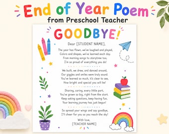 End of Year Poem from Preschool Teacher, Editable Student Goodbye Letter, PreK Kindergarten Graduation Keepsake, Last Day of School Card