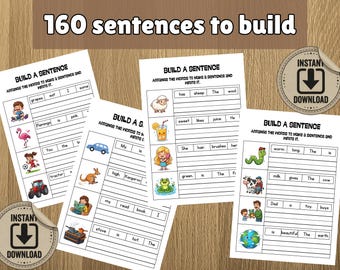 160 Build the Sentence Worksheets, 1st 2nd Grade Printable Simple Sentences Writing Practice Activity, Kindergarten ELA Worksheet, PDF