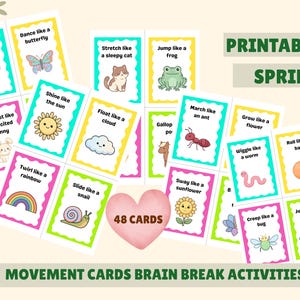 Pode incluir: Um conjunto de 48 cart&otilde;es de movimento coloridos com ilustra&ccedil;&otilde;es e frases como "Shake like a busy bee" e "Jump like a frog". Os cart&otilde;es s&atilde;o projetados para atividades de pausa cerebral e t&ecirc;m um tema de primavera.