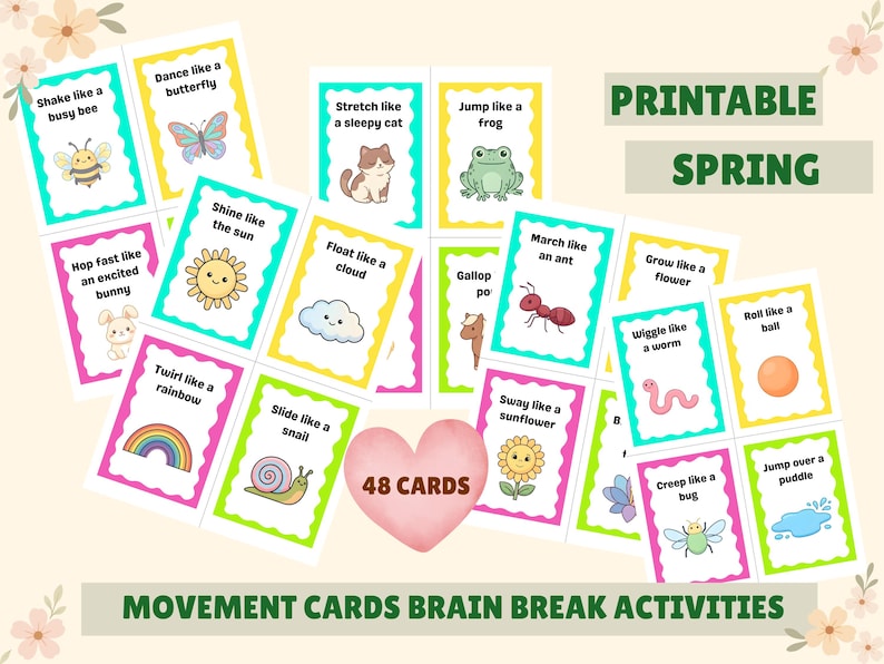 Pode incluir: Um conjunto de 48 cart&otilde;es de movimento coloridos com ilustra&ccedil;&otilde;es e frases como "Shake like a busy bee" e "Jump like a frog". Os cart&otilde;es s&atilde;o projetados para atividades de pausa cerebral e t&ecirc;m um tema de primavera.