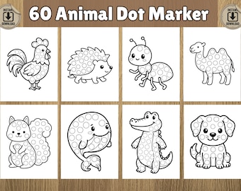 Desenhos de animais para colorir com marcadores de pontos, atividades imprimíveis de pontilhar para crianças, livro de atividades pré-escolares com adesivos de pontos para colorir em PDF.