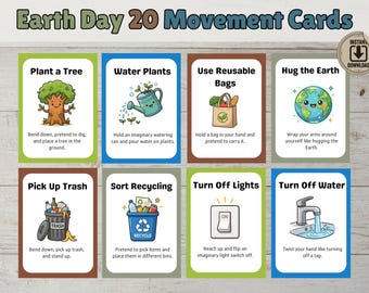 Earth Day Movement Cards for Kids Montessori Flash Cards Toddler Outdoor Activities Brain Breaks, Gross Motor Spring Game (Digital Download)