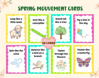 Spring Movement Cards Kids Montessori Flash Cards Toddler Outdoor Activities Pre-K Movement Game Easter Basket Stuffers Busy Book Printable