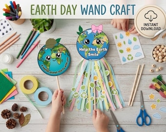 Artesanato de varinha mágica para o Dia da Terra para crianças, atividade para o Dia da Árvore, atividade imprimível de recorte e colagem para sala de aula, projeto de arte pré-escolar de baixa preparação, artesanato com elementos da natureza.