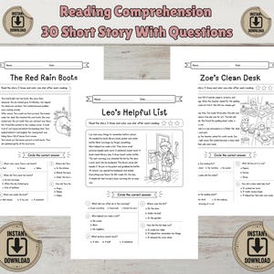 Può includere: Un set di tre schede didattiche di comprensione del testo intitolate Reading Comprehension 30 Short Story With Questions. Ogni pagina presenta una breve storia, un'illustrazione in bianco e nero e domande a risposta multipla.