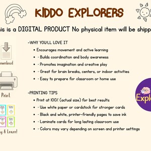 Pode incluir: An&uacute;ncio de um produto digital da Kiddo Explorers. A imagem apresenta o nome da marca em texto castanho, juntamente com uma ilustra&ccedil;&atilde;o de arco-&iacute;ris e sol. O texto destaca os benef&iacute;cios do produto, como incentivar o movimento e promover a imagina&ccedil;&atilde;o.