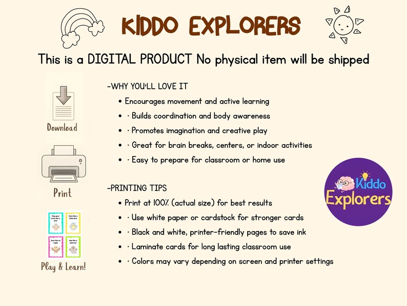Pode incluir: An&uacute;ncio de um produto digital da Kiddo Explorers. A imagem apresenta o nome da marca em texto castanho, juntamente com uma ilustra&ccedil;&atilde;o de arco-&iacute;ris e sol. O texto destaca os benef&iacute;cios do produto, como incentivar o movimento e promover a imagina&ccedil;&atilde;o.