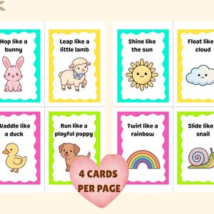 Pode incluir: Oito cart&otilde;es coloridos com ilustra&ccedil;&otilde;es de animais e frases como "Hop like a bunny" e "Slide like a snail." Cada cart&atilde;o tem uma borda branca e uma moldura colorida. O texto "4 CARDS PER PAGE" est&aacute; em um cora&ccedil;&atilde;o rosa.