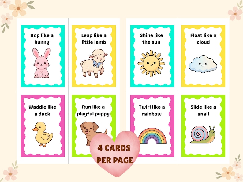Pode incluir: Oito cart&otilde;es coloridos com ilustra&ccedil;&otilde;es de animais e frases como "Hop like a bunny" e "Slide like a snail." Cada cart&atilde;o tem uma borda branca e uma moldura colorida. O texto "4 CARDS PER PAGE" est&aacute; em um cora&ccedil;&atilde;o rosa.