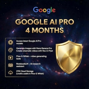 May include: A promotional graphic for Google AI Pro, featuring the Google logo and the text "GOOGLE AI PRO 4 MONTHS." The image highlights features like access to AI models, image generation, video creation, and 2TB cloud storage. A gold shield graphic is on the right.