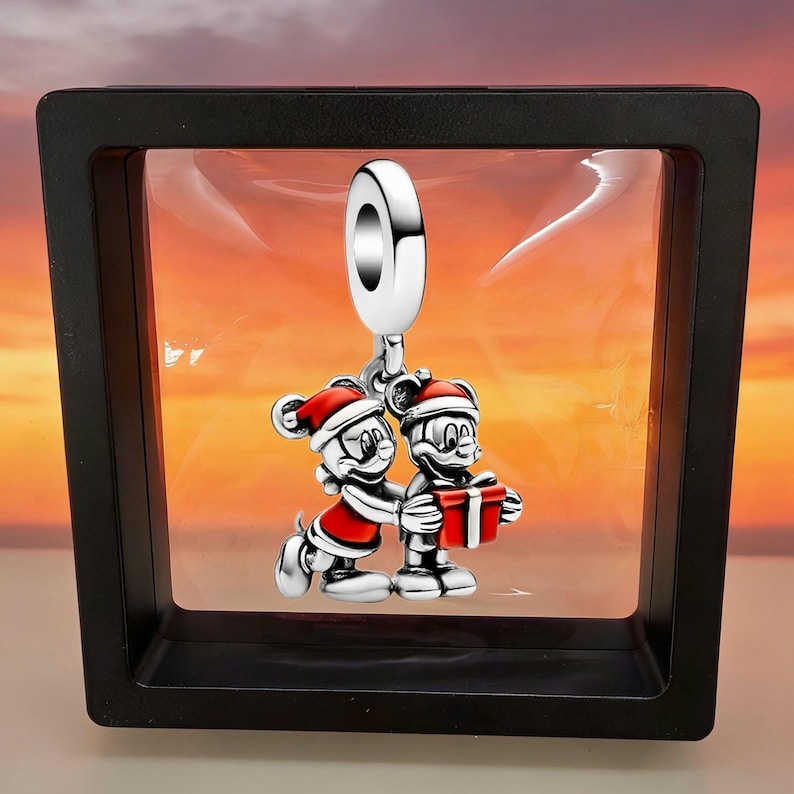 Berloques Disney do Mickey e da Minnie, compatíveis com pulseiras e colares Pandora, prata de lei 925, acabamento em esmalte, presente de Natal. imagem 1