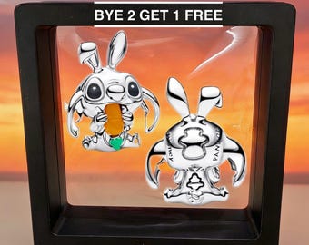 Lilo&Stitch Easter Sterling Silver Rabbit Pendant,Unique Bracelet and Necklace Charm,Compatible with Pandora,Gift for Her,Mother's Day Gift