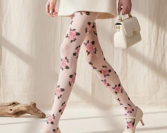 Französisch Romantische Realistische Rose Blume Strumpfhose Original Design Weiße Blumen Strumpfhose Paris Street Style Gemusterte Leggings für Frauen Kleidung